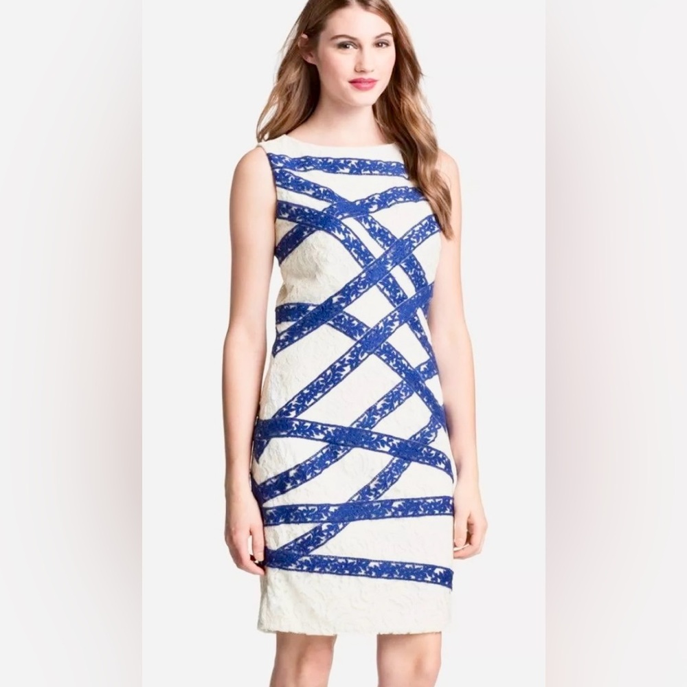 Tadashi Shoji Sleeveless White Lace Sheath w Banded Lace Ribbon Effect Detailing